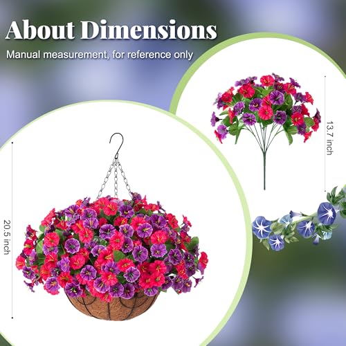Ammyoo Artificial Fake Hanging Flowers with Basket, Faux Silk Morning Glory Flower Arrangement for Spring Summer Decor, Hanging Plant for Patio Garden Porch Outdoor Decor - color: Lotus Rose
