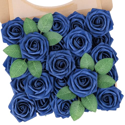 N&T NIETING Artificial Flowers Roses 25Pcs Real Touch Fake Flowers Foam Roses with Stems Perfect for DIY Wedding Bridesmaid Bridal Bouquets Centerpieces Party Home Baby Shower Decoration, Navy Blue - color: Navyblue, size: 25pcs