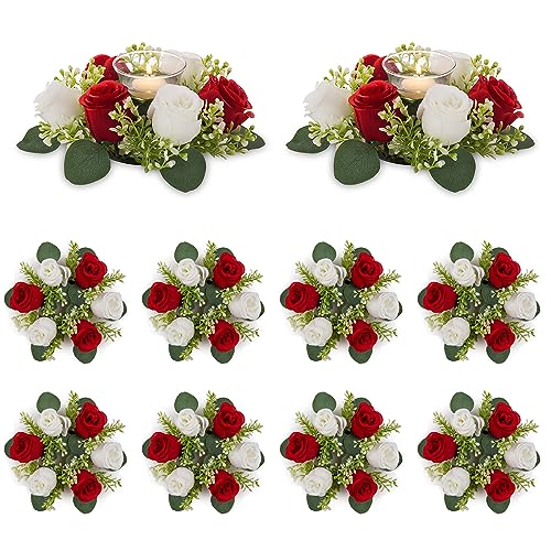 NUPTIO Flower Wreath for Table Centerpieces: 9.05 Inch Small Crimson & White Candle Rings 10 Pcs for Wedding Party Christmas Decorations - Rose Wreaths for Spring Summer Front Door Porch Decor - color: Crimson & White, size: Dia 9.05"-10pcs