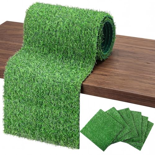 7 Pcs Artificial Grass Table Runner Set 12" x 36" Faux Grass Table Runner 12" x 12" Green Square Placemats Washable for Golf Themed Party, Dining Decorations, Wedding, Turf Patch DIY Craft