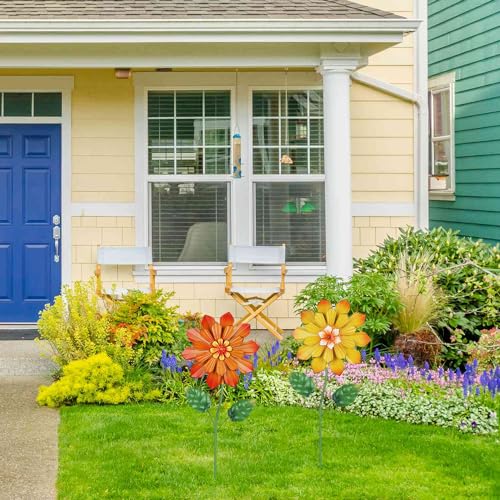 YEAHOME Garden Decor for Outside, Set of 2 Metal Flowers 23.6” Decorative Garden Stakes for Spring Decor, Yard Art Flower Stakes for Outdoor Lawn Backyard Porch Garden Decorations (Orange, Yellow) - color: Orange,yellow