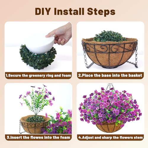 2 Pack Artificial Hanging Flower Baskets for Outdoors, UV Resistant Faux Hanging Plants, 24 Pcs Fake Silk Flowers for Patio Garden Front Porch Balcony Decor, Purple Lotus - color: Purple Lotus