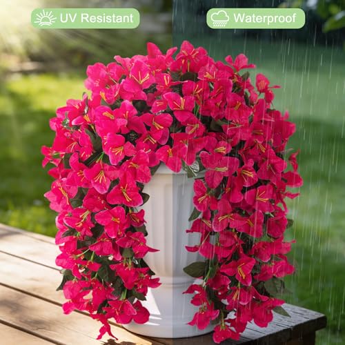 Fake Bougainvillea Artificial Flowers for Outdoors Decoration 2 pcs Faux Hanging Flowers Plants for Outdoor Planters UV Resistant Silk Bougainvillea Vines for Front Door Porch Urn Patio Garden - color: Hot Pink