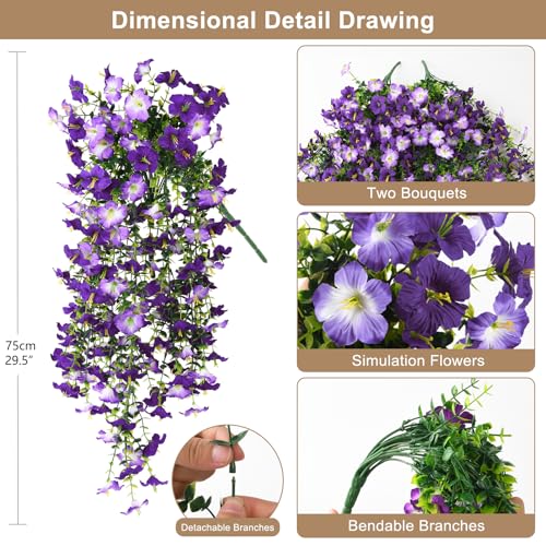 Artificial Hanging Flowers Plants for Outdoor Spring Summer Decoration, 2PCS Faux Silk Morning glory UV Resistant Look Real for Outside Home Indoor Planter Porch Garden Yard Decor(Dark Orchid) - color: Dark Orchid