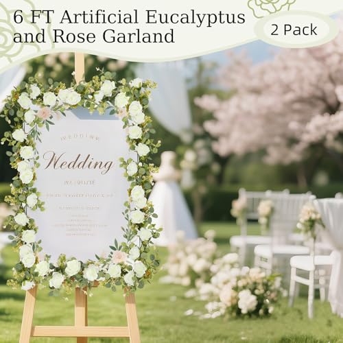 Lewondr Artificial Eucalyptus Garland with Flower, 2Pack 13FT Faux Floral Greenery Garlands Fake Flowers Vines, Maintenance-Free for Wedding Table Backdrop Party Centerpiece Room Decor, White - color: White Color, size: 2 Pack