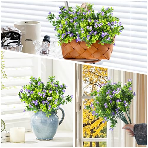 SJL Outdoor Artificial Flowers, UV Resistant Artificial Flowers with Greenery Leaves, Faux Flower Fake Eucalyptus Plants for Planter Garden Front Porch Patio Table Decoration 10Pcs(Purple) - color: Bundle Purple-plant