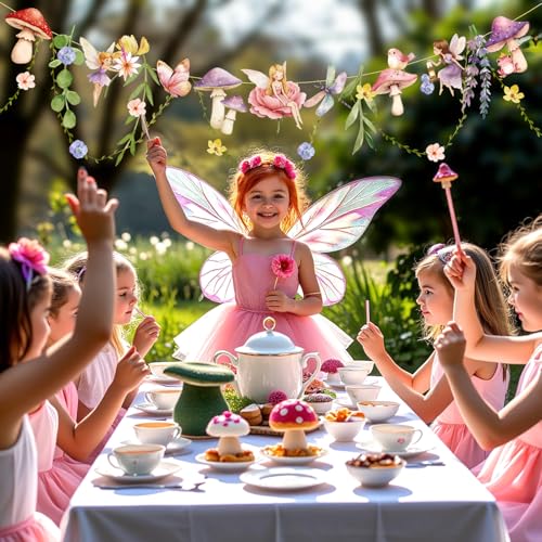 Fairy Mushroom Banner Wildflower Party Decorations Paper Flower Leaves Banner Fairy Garland for Wall Decoration Spring Baby Shower Wedding Backdrop Decorations - color: Fairy