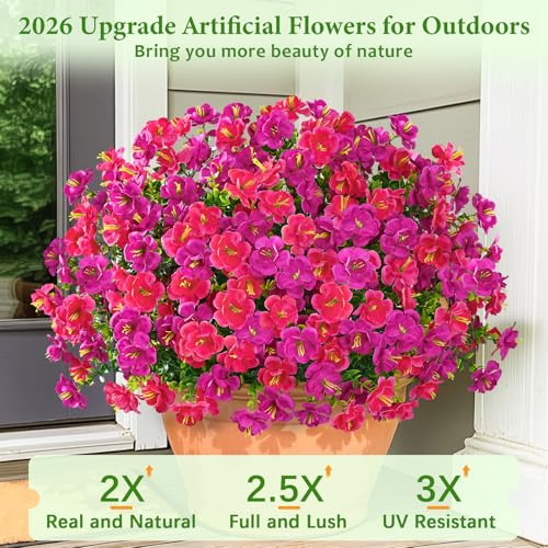 MARTINE MALL 12 Bundles Look Real Artificial Flowers for Outdoors, Realistic Fake Outdoor Flowers, UV Resistant Silk Flowers for Outside Faux Flowers Plants for Outdoor planters Porch Fuchsia&Rose Red - color: Fuchsia&rose Red, size: 12 Bundles