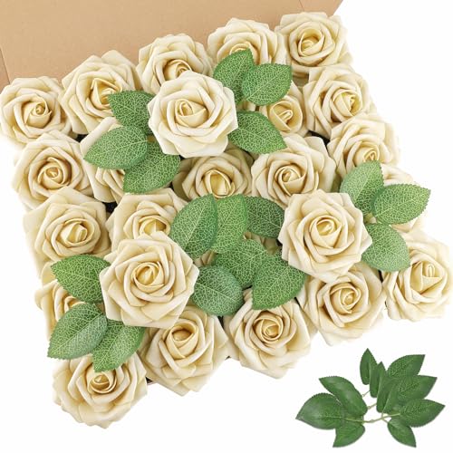 AmyHomie 25pcs Real Looking Artificial Beige Roses w/Stem for DIY Wedding Bouquets Centerpieces Arrangements Party Baby Shower Valentines Day Christmas Tree Decorations - color: Beige