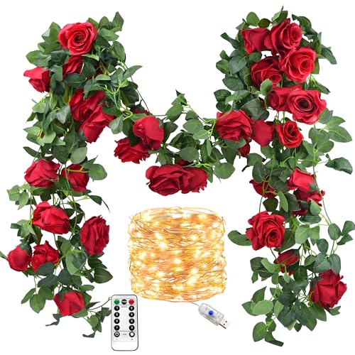 FiveSeasonStuff 29 Ft 4 Pack Christmas Red Rose Silk Flower Garland Artificial Flowers Decoration Hanging Floral with 66 feet String Lights - color: Christmas Red With Fairy String Lights