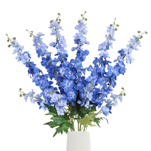 6Pcs Blue Delphinium Artificial Flowers 37.4’’ Faux Silk Larkspur Flowers Long Stem Artificial Flowers for Tall Vase Table Home Wedding Party Garden Decor(Blue) - color: Blue