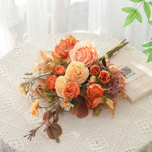 17-inch Artificial Fake Flowers Silk Flower Arrangements Faux Bouquets Consists of Ranunculus, Wild Chrysanthemums, Roses, Hydrangeas and Some Filler Greens - color: Sunset Blush