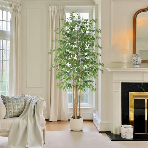 Nafresh 7ft Ficus Tree Artificial with Multi-Real Wood Trunks & White Planter, 84in Realistic Texture Potted Faux Ficus Tree, Fake Trees Indoor for Home Office Living Room Bedroom Porch Decor - size: White Planter - 6.99ft