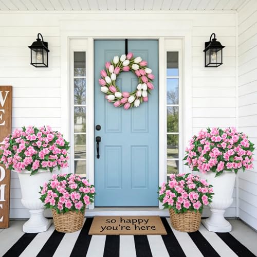 6 Pcs Artificial Flowers for Outdoors Fake Silk Periwinkle Flowers Faux Plants UV Resistant Bouquet Decorations for Planters Spring Summer Garden Porch Patio Window Box Balcony Home, Pink - color: Pink