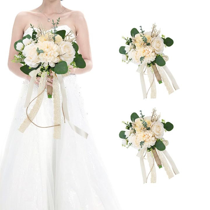 Set of 2 Bridesmaid Bouquets for Wedding, 9 Inch Boho Bridesmaid Flowers for Ceremony Anniversary Centerpieces Decorations, Artificial Rose Bouquets Vintage - Beige - color: Beige, size: Set of 2 Bridesmaid Bouquets