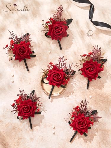 Serwalin 6 Pcs Red Boutonniere for Men, Artificial Silk Rose Flower Boutonniere for Groom Groomsmen and Best Man for Wedding, Prom, Homecoming, Anniversary, Formal Dinner Party Suit Accessories - color: Red, size: Boutonniere 6pcs