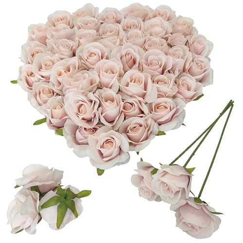 ATFL Artificial Satin Rose Flower Heads,42 Pcs Silk Rose Heads with Stems,3.5'' Rose Artificial Flowers Bulk,Artificial Rose Flower Heads for DIY Crafts Bouquet (42, Fall Pink) - color: Fall Pink