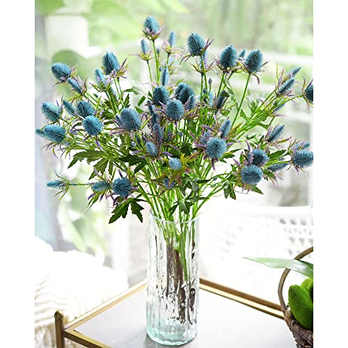 FiveSeasonStuff Real Size Artificial Real Touch Eryngium (Sea Holly) Northern Lights Blue Thistles (5 Stems) - color: Northern Lights Blue
