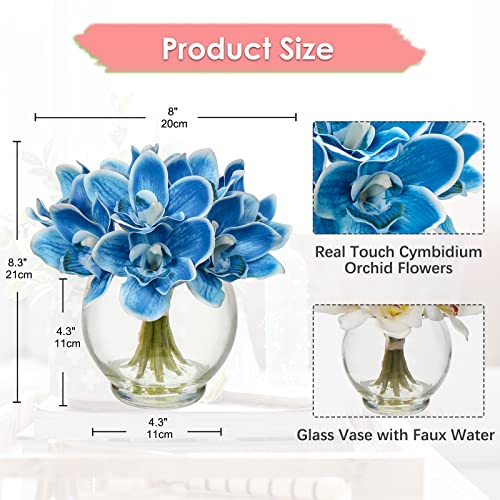 DILATATA Faux Flowers in Vase 9.3" Cymbidium Orchid Flowers Arrangement with Faux Water Real Touch Flowers for Wedding Table Centerpiece Home Decor, Blue - color: Cymbidium-blue
