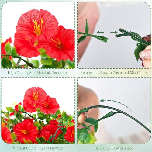 Artificial Hanging Flowers for Outdoors, 6Pcs UV Resistant Morning Glory Vines Fake Flowers with Eucalyptus, Realistic Silk Faux Hanging Plants Decor for Outside Planter Porch Patio (Red) - color: Red