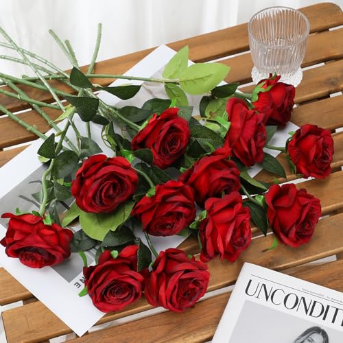 Tifuly Red Roses Artificial Flowers - 12 pcs Realistic Long Stem Fake Roses Faux Silk Flowers for DIY Bouquets Wedding Centerpieces Arrangements Home Party Decor（Burgundy） - color: Burgundy