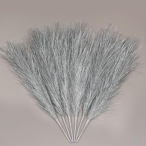 ZIFTY Pampas Grass Silver Decor 6-Pcs 17" Faux Pompas Fluffy Artificial Pompous Grass Fake Flower Bulrush Reed Grass for Vase Filler Ins Style Modern Home Christmas Wedding Decorations(Silver) - color: Silver, size: 17in 6pcs