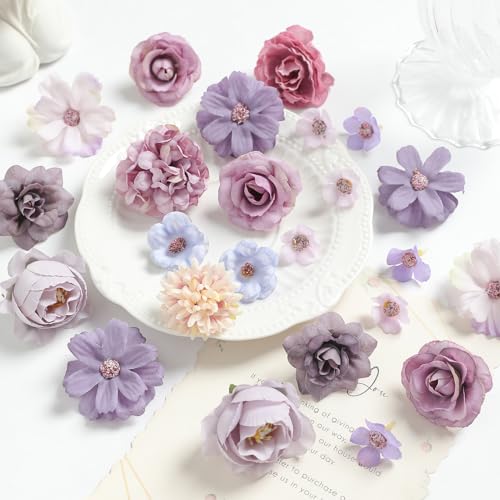 rongflower Faux Flower Heads Mini Purple Artificial Flower Heads Fake Peony Daisy Rose Flowers Multicolor Small Silk Daisy Flower Heads for Craft Garland Wedding Party DIY Home Decoration,2-4 cm - color: Purple