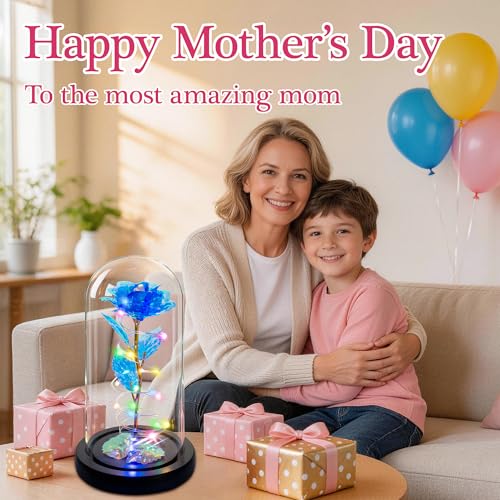 Childom Mothers Day Mom Gifts for Mom,Birthday Gifts for Women Grandma,Flowers for Delivery Prime,Colorful Blue Light Up Rose in A Glass Dome,Anniversary Valentines Roses Gift for Her Wife Daughter - color: Blue Colorful Large