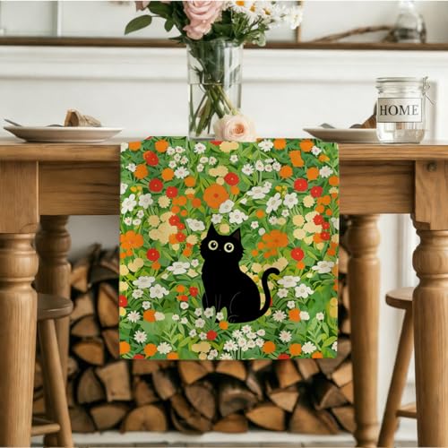 Black Cat Spring Table Runners Floral Spring Table Runner for Home Green Cat Decorations for Home Office Kitchen Farmhouse Apartment Living Room 13 x 72 Inch - color: Black Cat 03