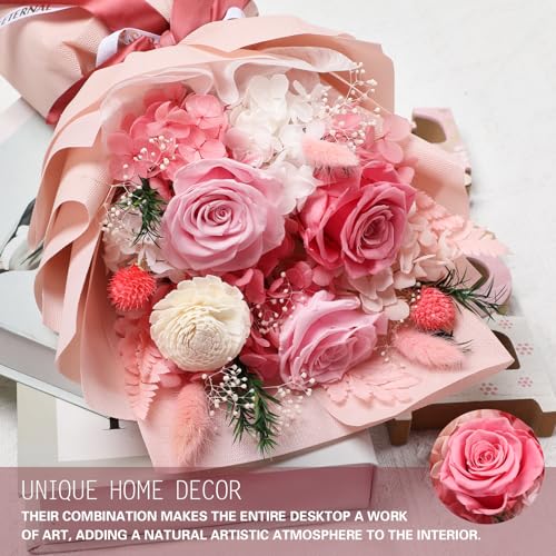Casaido Preserved Flowers for Delivery, Mothers Day Pink Flower Bouquets with Necklace, Forever Real Roses Anniversary Birthday Valentines Day Christmas Rose Gifts for Women Mom Wife Girlfriend - color: Pink