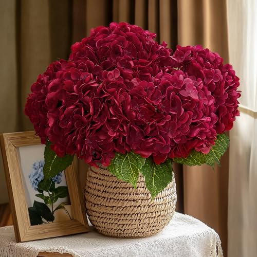 MARTINE MALL 3Pcs 21in Hydrangea Artificial Flowers, Latex Real Touch Hydrangeas Lifelike Large Hydrangea Flowers for Home Decor Party Arrangements Wedding Bouquets Centerpieces (Burgundy) - color: Burgundy, size: 3Pcs
