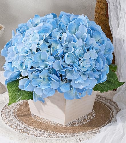 Artificial Hydrangea Flowers Arrangement in Wood Planter, 4PCS Fake Blue Flowers in Wooden Vase Potted Floral Centerpieces for Tables Living Room Home Office Room Shelf Kitchen Decor - color: Light Blue Hydrangea