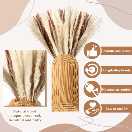 2 Pack Wooden Wall Vase with 40 Pcs Dried Pampas Grass Decor, Boho Pampas Grass Fall Farmhouse Hanging Planter for Hallway, Bedroom, Living Room, Dining Room, Office - style: Farmhouse Style