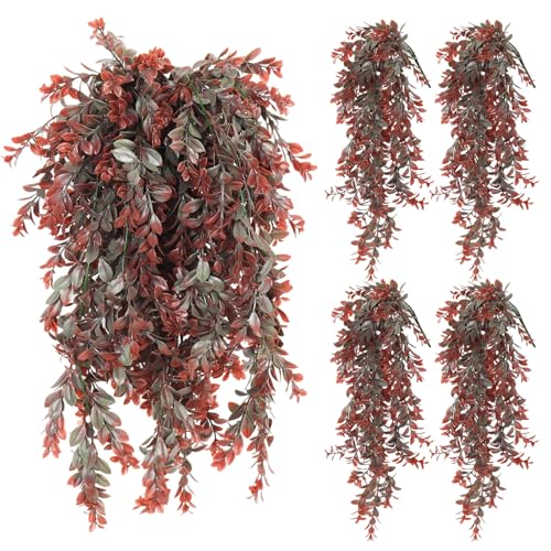 RECUTMS Artificial Hanging Leaves Plants 4Pcs Indoor Fake Vines Ivy Leaves Plastic Greenery Resistant Plastic for Wall Wedding Party Porch Garden Decoration(Reddish Brown) - color: Style2-reddish Brown