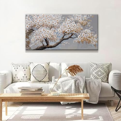 Modern Wall Art Decor White Flowers On Tree Artwork For Walls Decor Ready To Hang Pictures For Bedroom Wall Decor Living Room Office Kitchen Bathroom Canvas Prints 20x40 Inch - color: White Brown, size: 40"L x 20"W