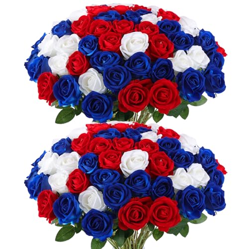 Hananona 50 Pcs Artificial Roses in Bulk, Fake Velvet Silk Roses Realistic Roses for 4th of July Wedding Centerpieces Independence Day Patriotic Flower Arrangement Home Decor (50, Red, White, Blue) - color: Red, White, Blue