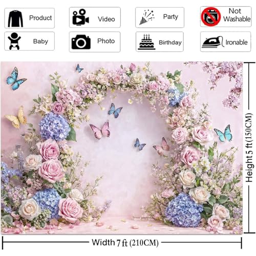 5x3ft Pink Butterfly Floral Backdrop Baby Shower Colorful Flowers Backdrops for Photograph Background Wedding Girl Birthday Table Cake Party Decorations Photo Studio Props - color: Pink03, size: 5X3FT