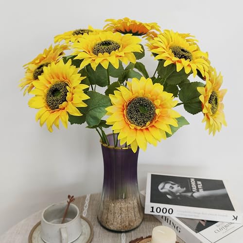 ATFL 12PCS Yellow Sunflowers Artificial Flowers, 18''Fake Silk Sunflower with Long Stem, Flower Diameter 5.1'',Artificial Sunflowers for Fall Home Decor, Baby Shower,and Cemetery Flowers Decor - size: 18"