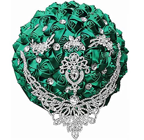 Handmade Luxury Wedding Bridal Bouquet Large Silk Rose Holding Toss Artificial Flowers Bouquets with Satin Ribbon Pearls Rhinestone for Bride Vintage Royal Wedding Bouquet (Dark Green) - color: Dark Green