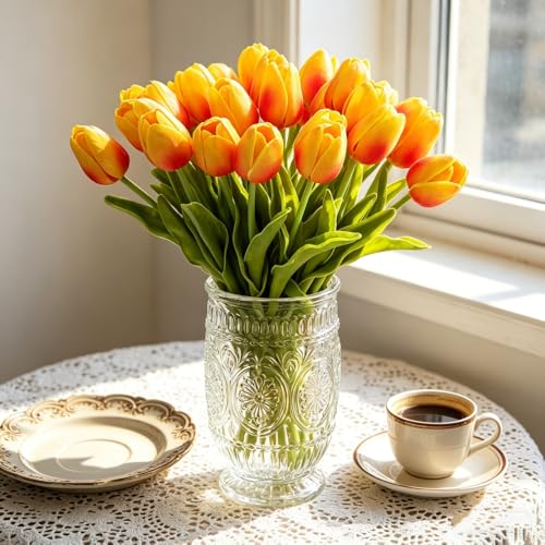 PU Real Touch Tulips Artificial Flowers 30Pcs Fake Flowers Arrangement Bouquet for Home Office Wedding Decoration (Orange) - color: Orange 30pcs