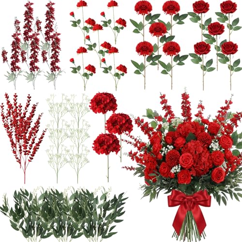 Suncalla 36 Pcs Red Artificial Flowers Bouquet Set 8 Kind Faux Delphinium Rose Peony Chrysanthemum Hydrangea Baby's Breath Florals with Greenery Long Stem for Wedding Table Vase Decor - color: Red