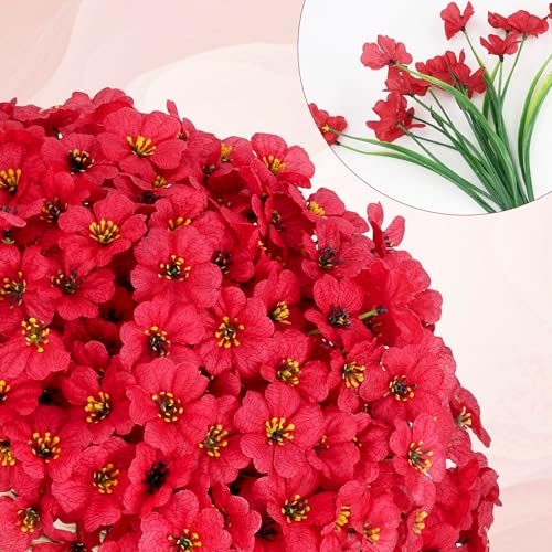 16 Bundles Red Summer Flowers Artificial Outdoor UV Resistant Fake Flowers Summer Outdoor Porch Decor Outside Artificial Plants for Window Box - color: C - Red