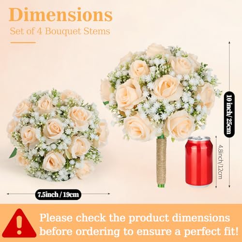 Wedding Bridesmaid Bouquets Set of 4 - 7 Inch Artificial Flower Bouquet for Bridesmaid, Silk Champagne White Rose Fake Small Bouquet Handmade for Wedding Bridal Shower Party Ceremony Anniversary Decor - color: Champagne, size: Set of 4 Bridesmaid Bouquets