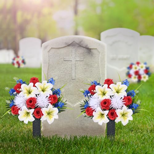 MARTINE MALL 2 Sets Artificial Cemetery Flowers for Grave, Artificial Grave Flowers Memorial Day Flowers for Cemetery Red White Blue Rose Lily Flowers with Vase for Cemetery Grave Decoration