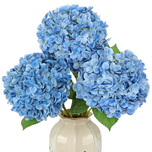 Large Real Touch Hydrangea Artificial Flowers with Stems, 8" Full Bloom Fresh Touch Faux Hydrangea Bouquet for Vase Decor, Wedding Centerpieces, Home Table Arrangement 25.5” Tall Blue Hydrangeas - color: Blue-l