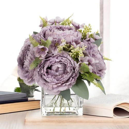 ENOVA FLORAL Artificial Flower Arrangement with Vase,Mixed Artificial Silk Peony Flower in Vase for Decoration Home Office, Wedding Centerpiece (Purple02) - color: Purple02
