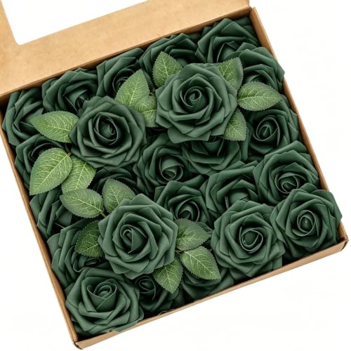 Artificial Flowers, 25pcs Hunt Green Artificial Roses Flowers with Stems Real Touch Fake Roses for DIY Wedding Bouquet Centerpiece Bridal Shower Baby Shower Home Decoration - color: Green, size: 25pcs