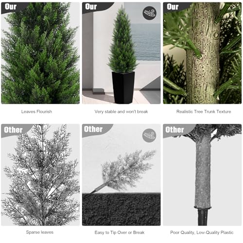 5FT Tall Artificial Cedar Topiary Tree with Compact Pyramidal Shape, Realistic Faux Cypress in Square Black Pot with Fillable Water Bag, Outdoor Evergreen for Front Porch Garden Home Decor - color: Black-pyramid Topiary, size: 5ft-1pack