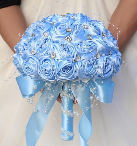 Ujicde Romantic Wedding Bouquet Bridal Bridesmaid Round Bling Brooch Bouquet Throw Toss Artificial Rose Flower Bunch with Sparkle Rhinestone Crystal Decoration(Light Blue,Dia. 6.3"*16cm) - color: Light Blue, size: Dia. 6.3"*16cm