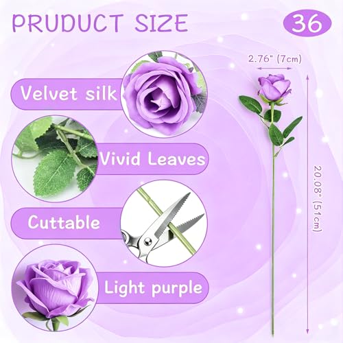 Rose Artificial Flowers Velvet Bouquet with Long Stem Real Touch Fake Roses Florals for Bridal Wedding Bouquet Party Arrangement Centerpiece Decorations (36, Light Purple) - color: Light Purple